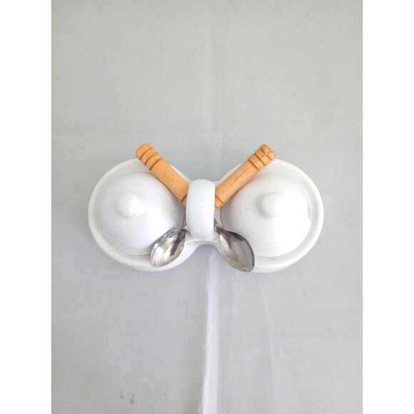 Hallmark Vtg Houston Harvest Cream / Sugar Server Bowl W/ Spoons And Lids - Picture 3 of 6